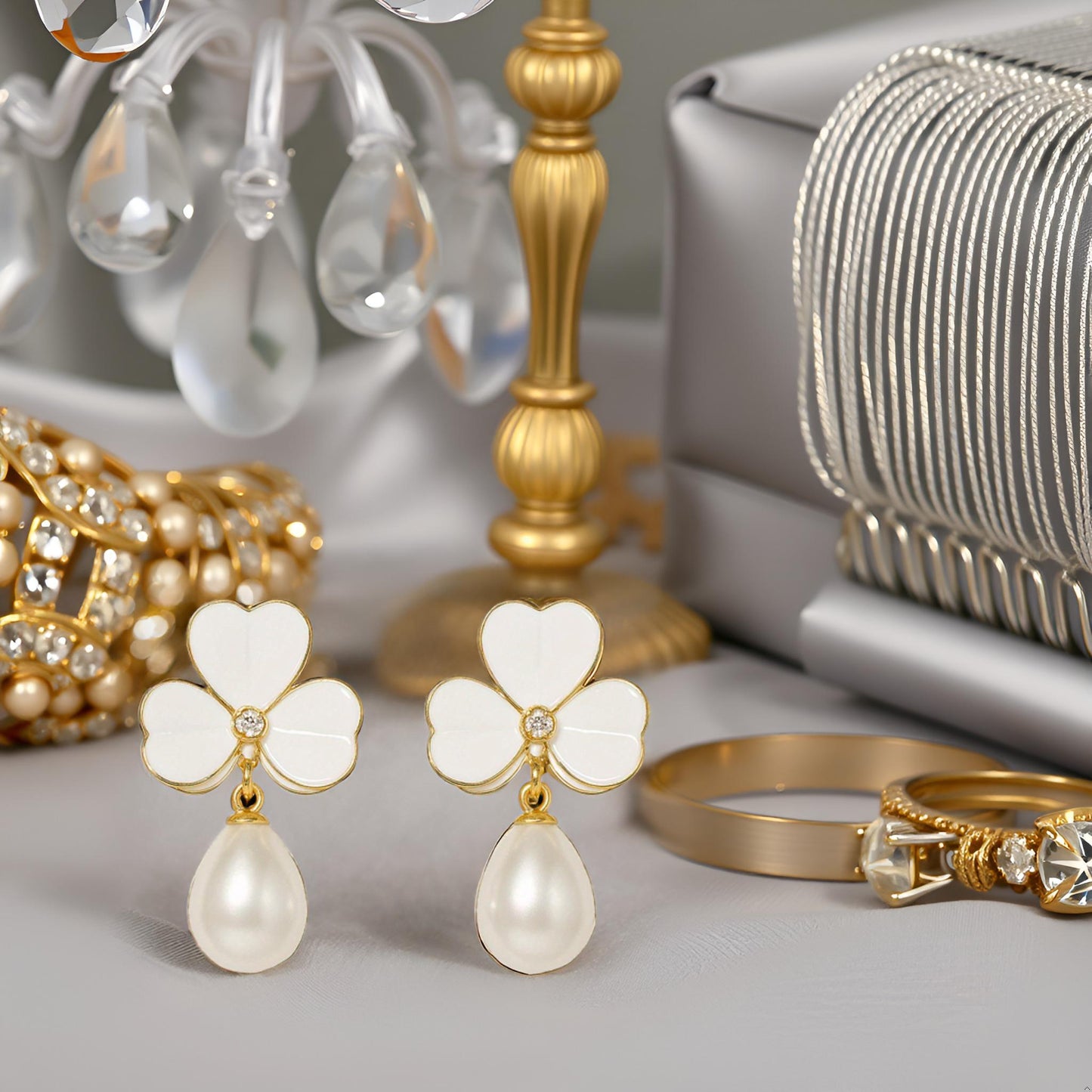 Enamel chic 3 petal clover Leaf Drop Earrings with Faux Pearl