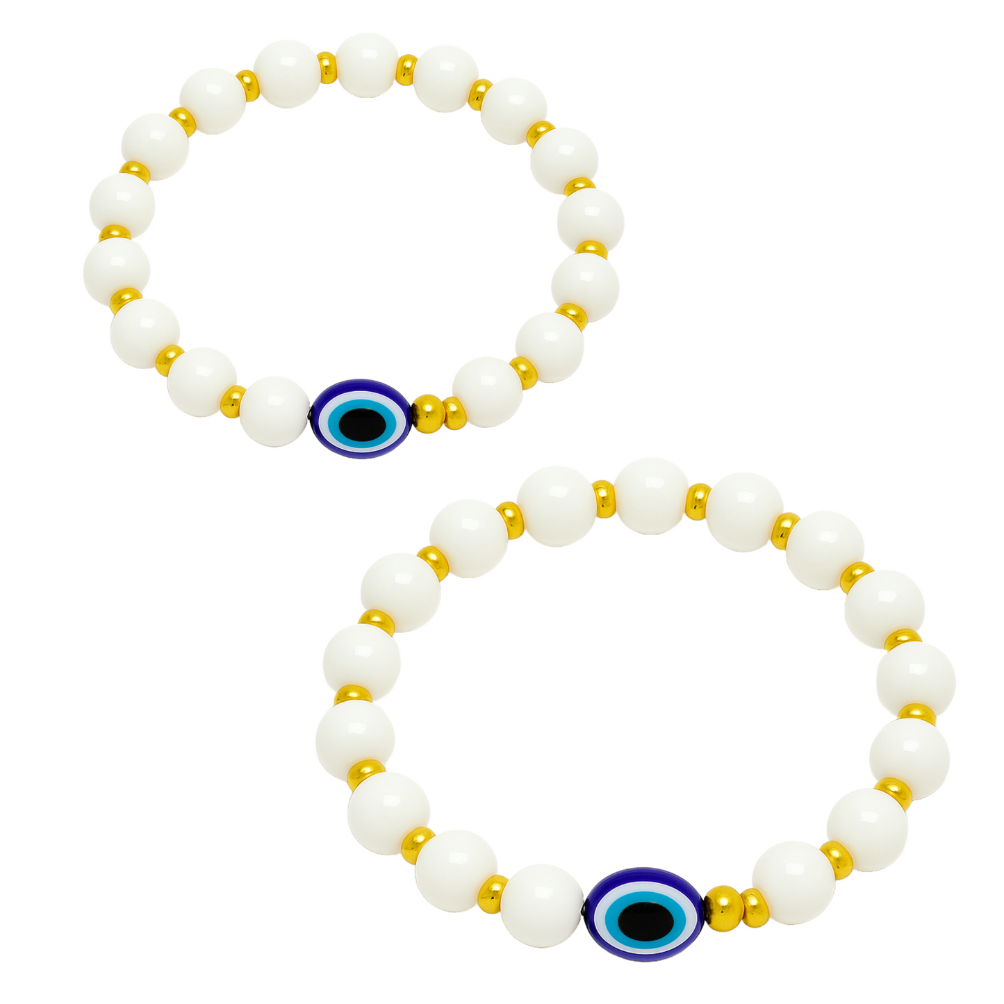 Evil Eye Bracelet for Women, Men, Baby, Kids – White & Gold Beads with Blue Charm