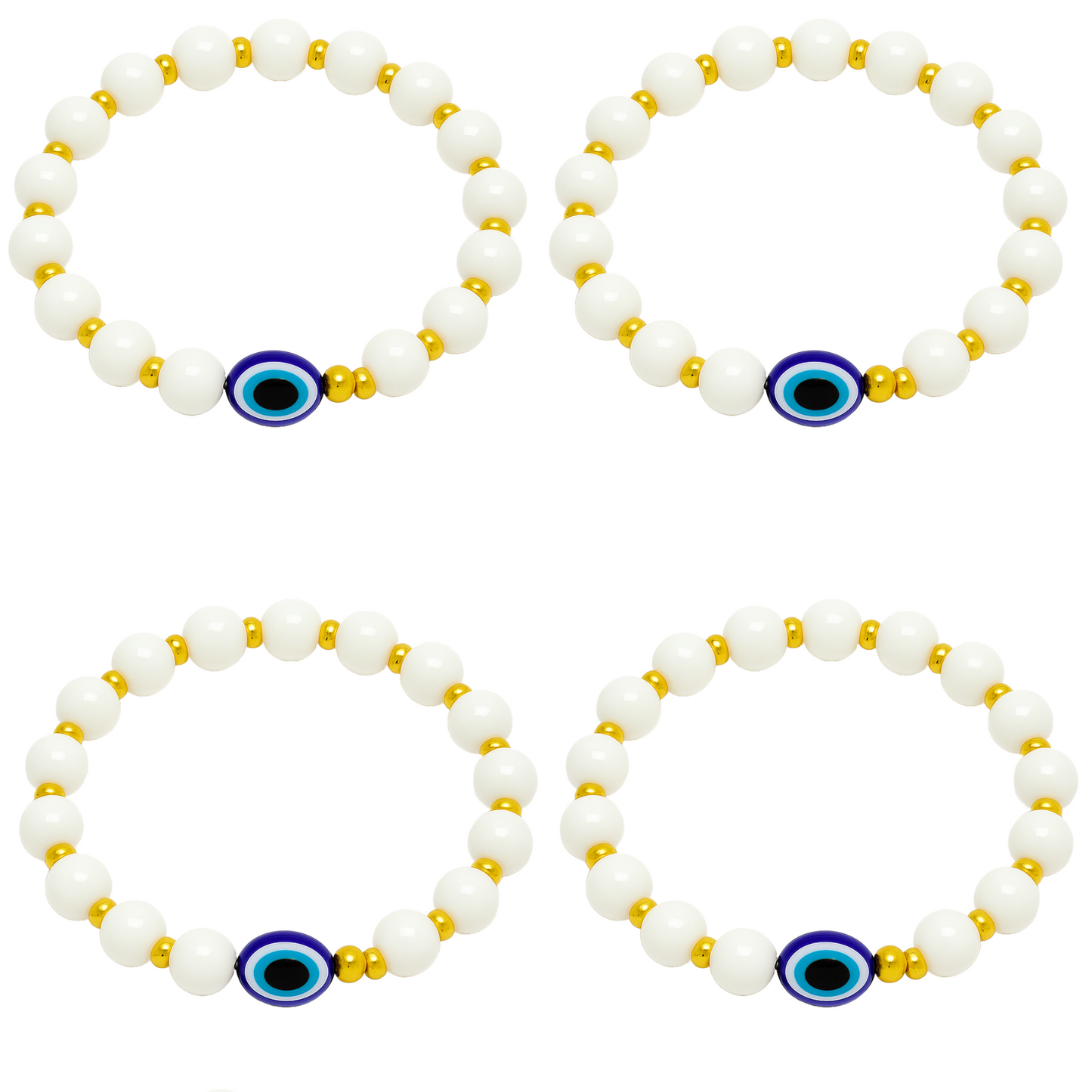 Evil Eye Bracelet for Women, Men, Baby, Kids – White & Gold Beads with Blue Charm