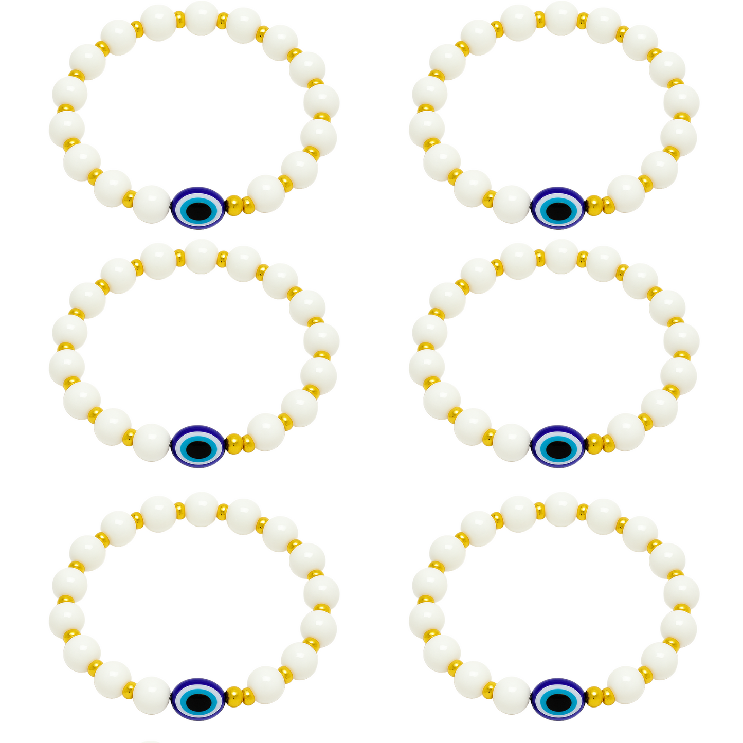 Evil Eye Bracelet for Women, Men, Baby, Kids – White & Gold Beads with Blue Charm