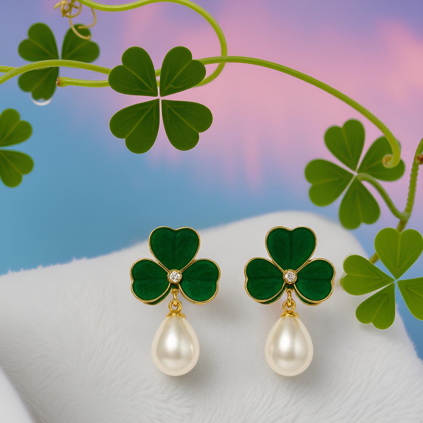 Enamel chic 3 petal clover Leaf Drop Earrings with Faux Pearl