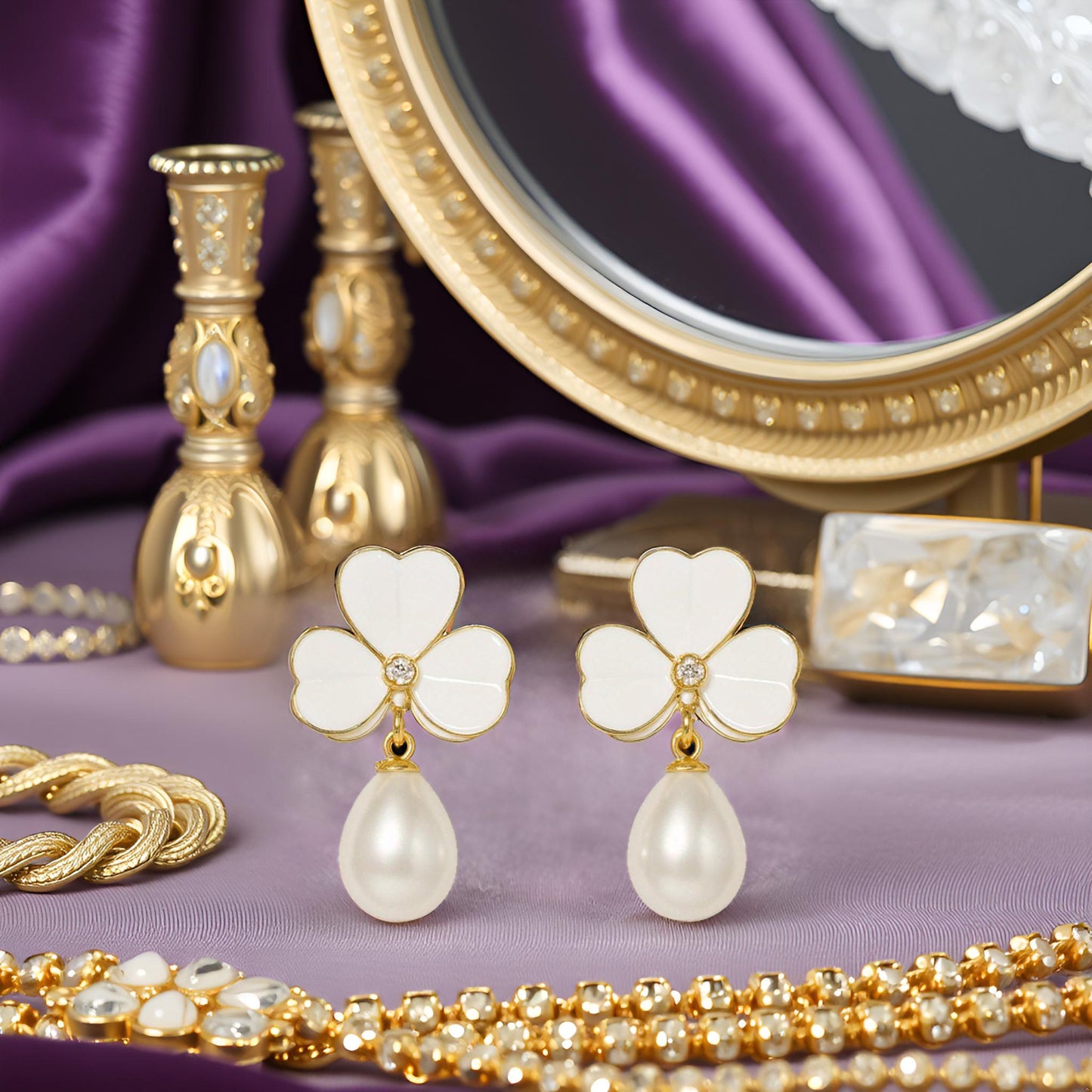 Enamel chic 3 petal clover Leaf Drop Earrings with Faux Pearl