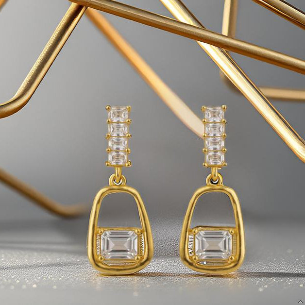 Golden Plated Geometric Drop Designer Earrings with Cubic Zirconia Stones