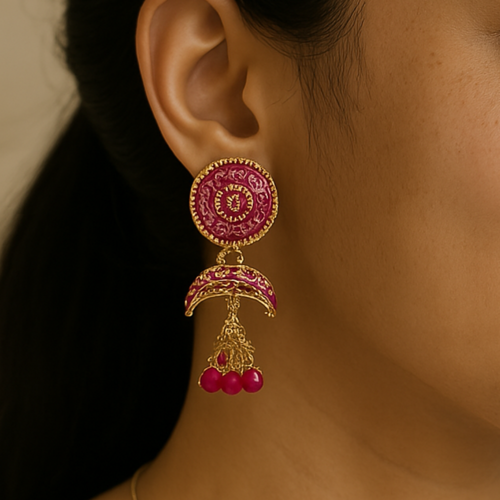 Traditional Gold-Plated Jhumka Earrings with Beads – Ethnic Indian Jewelry for Women