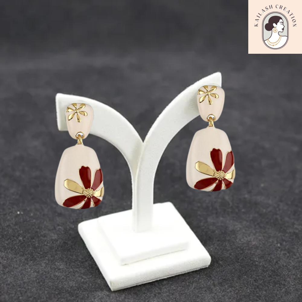 Floral Design Gold-Plated Contemporary Drop Earrings for Women & Girls