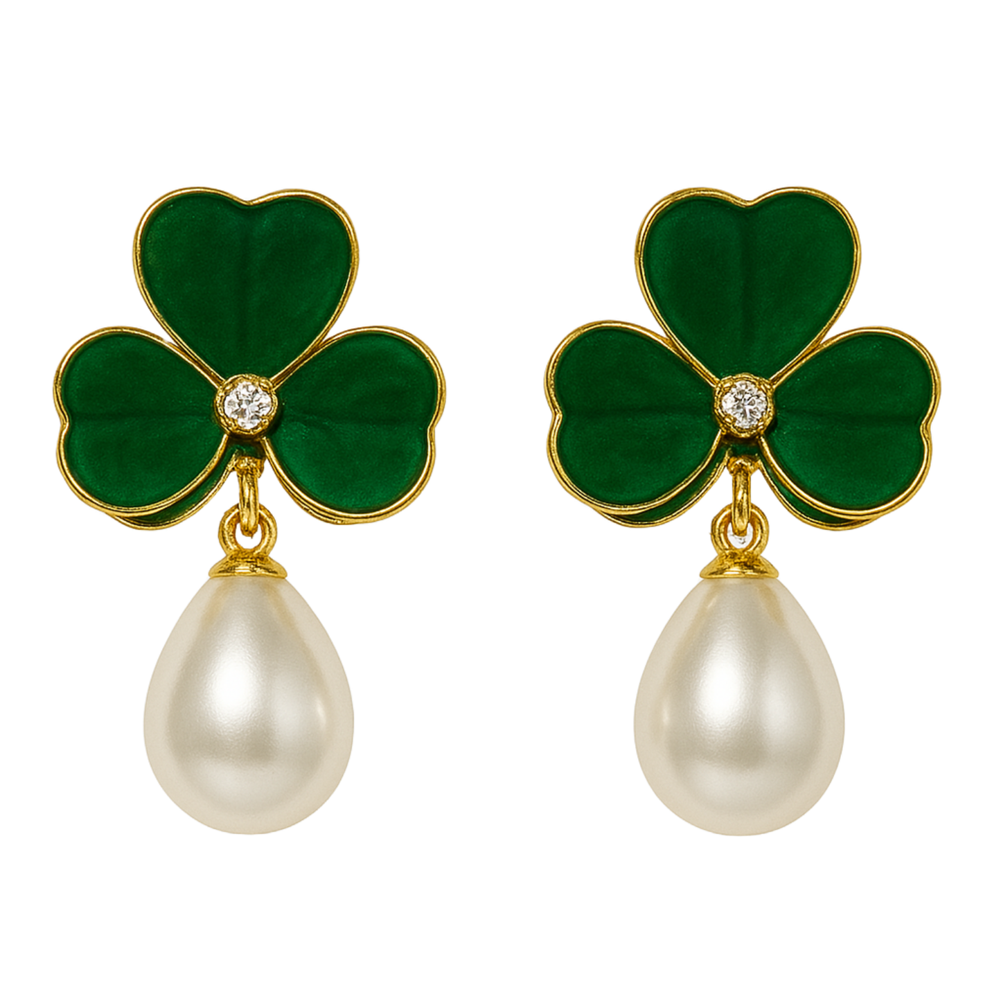 Enamel chic 3 petal clover Leaf Drop Earrings with Faux Pearl