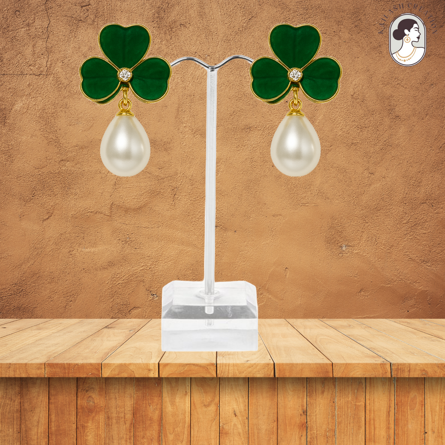 Enamel chic 3 petal clover Leaf Drop Earrings with Faux Pearl