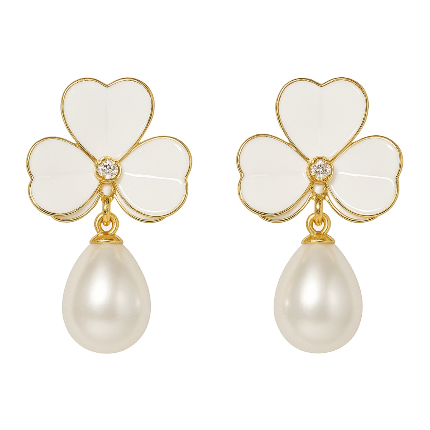 Enamel chic 3 petal clover Leaf Drop Earrings with Faux Pearl