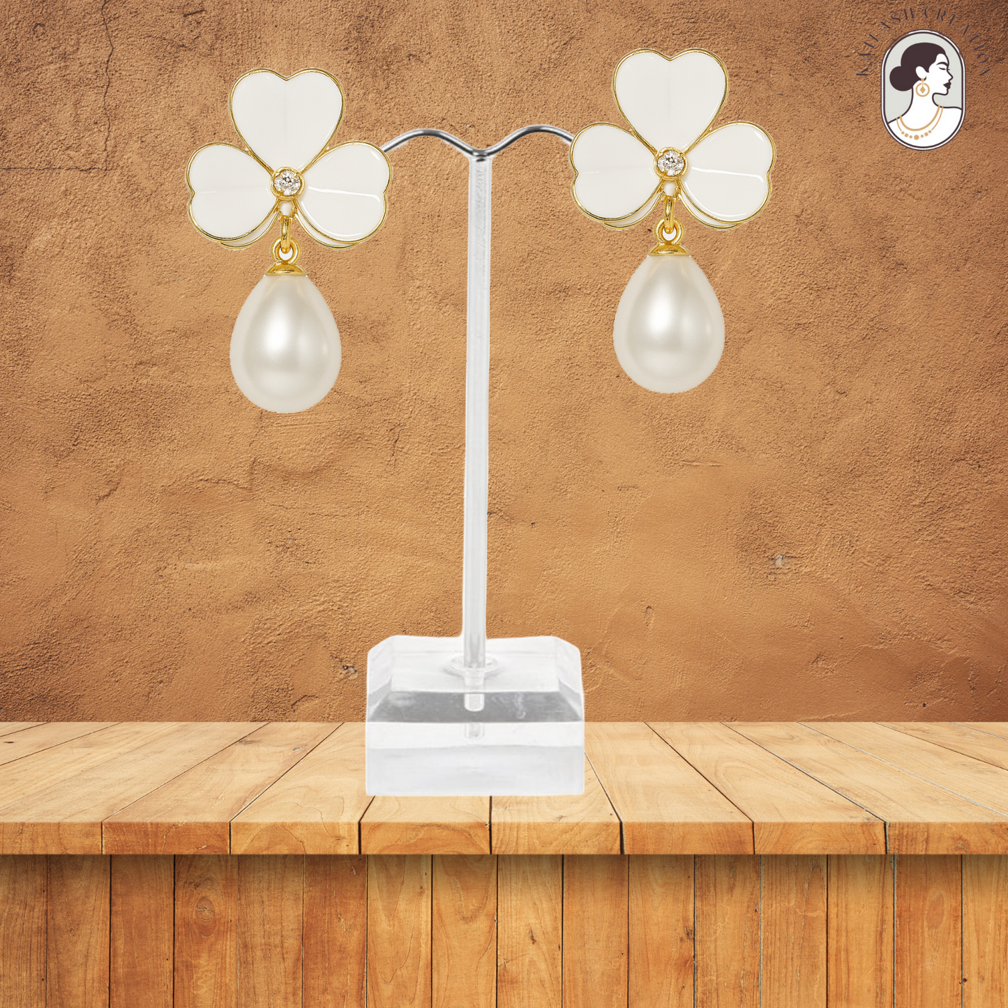 Enamel chic 3 petal clover Leaf Drop Earrings with Faux Pearl