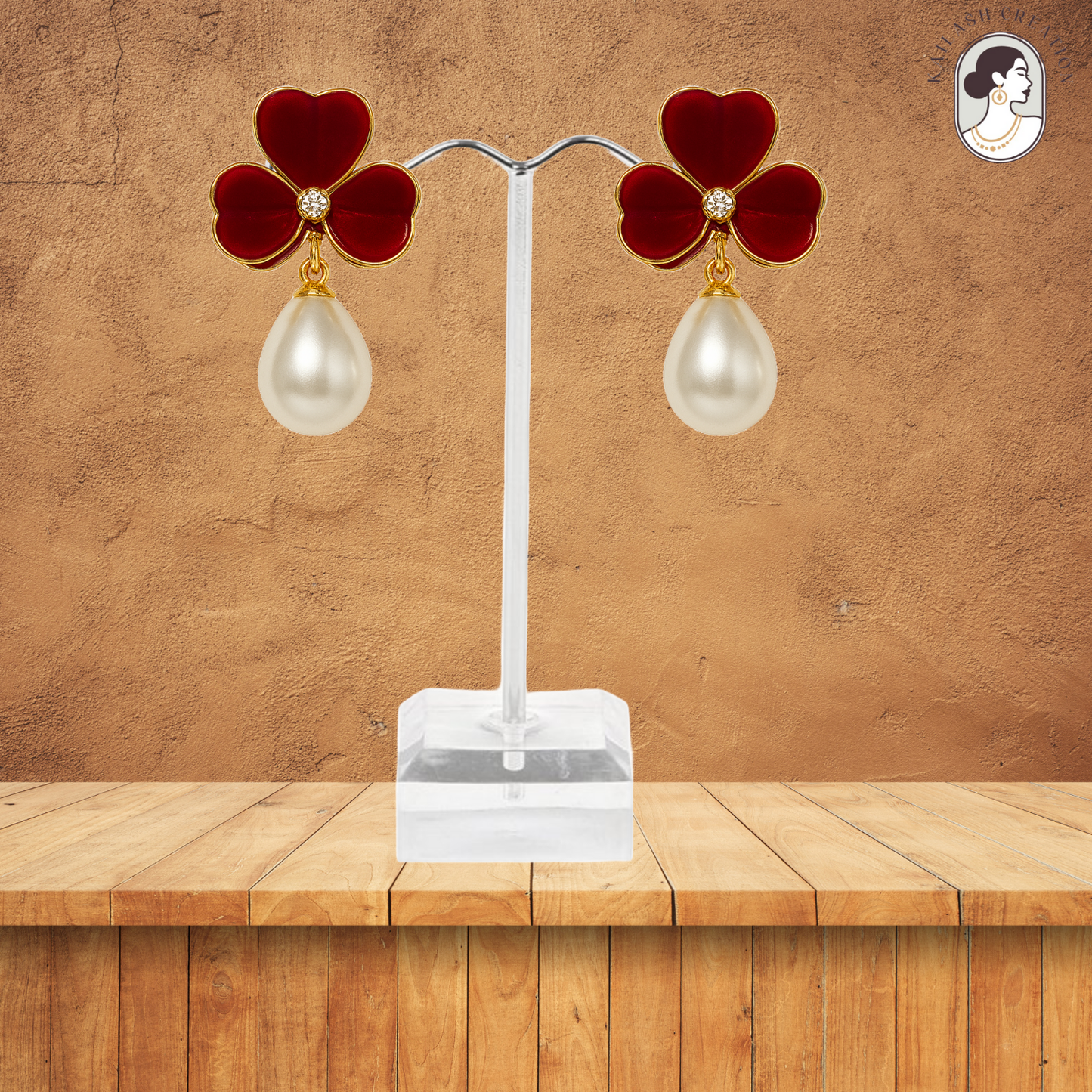 Enamel chic 3 petal clover Leaf Drop Earrings with Faux Pearl
