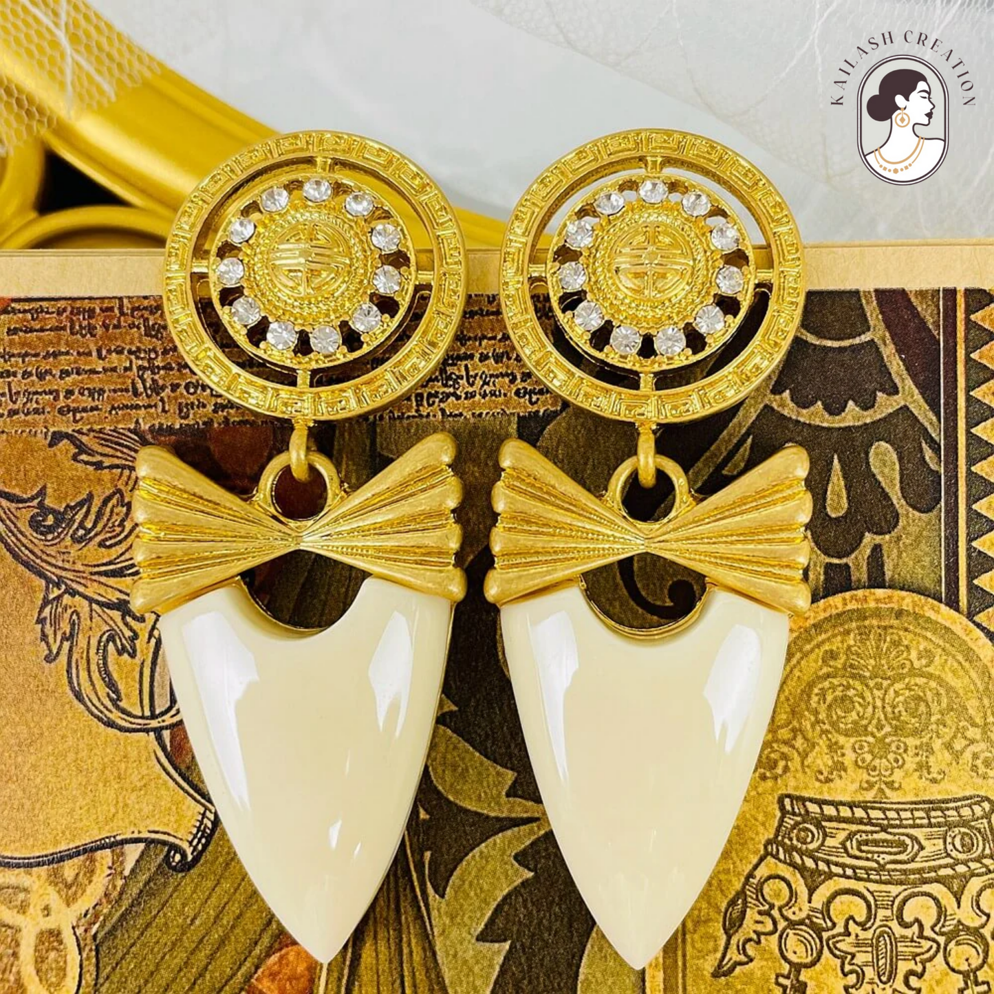 Vintage Glam Bow Crest Studded Drop Earrings for Women