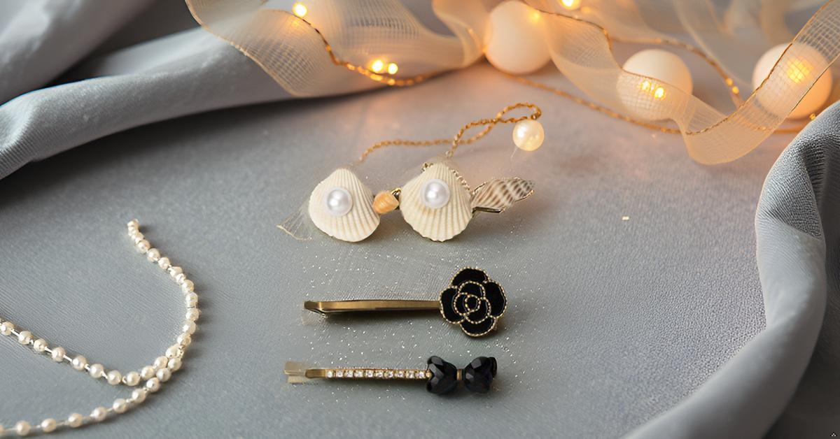 Pack of 3 Shell, Pearl & Crystal Embellished Hair Premium Designer Hair Clips for Women & Girls