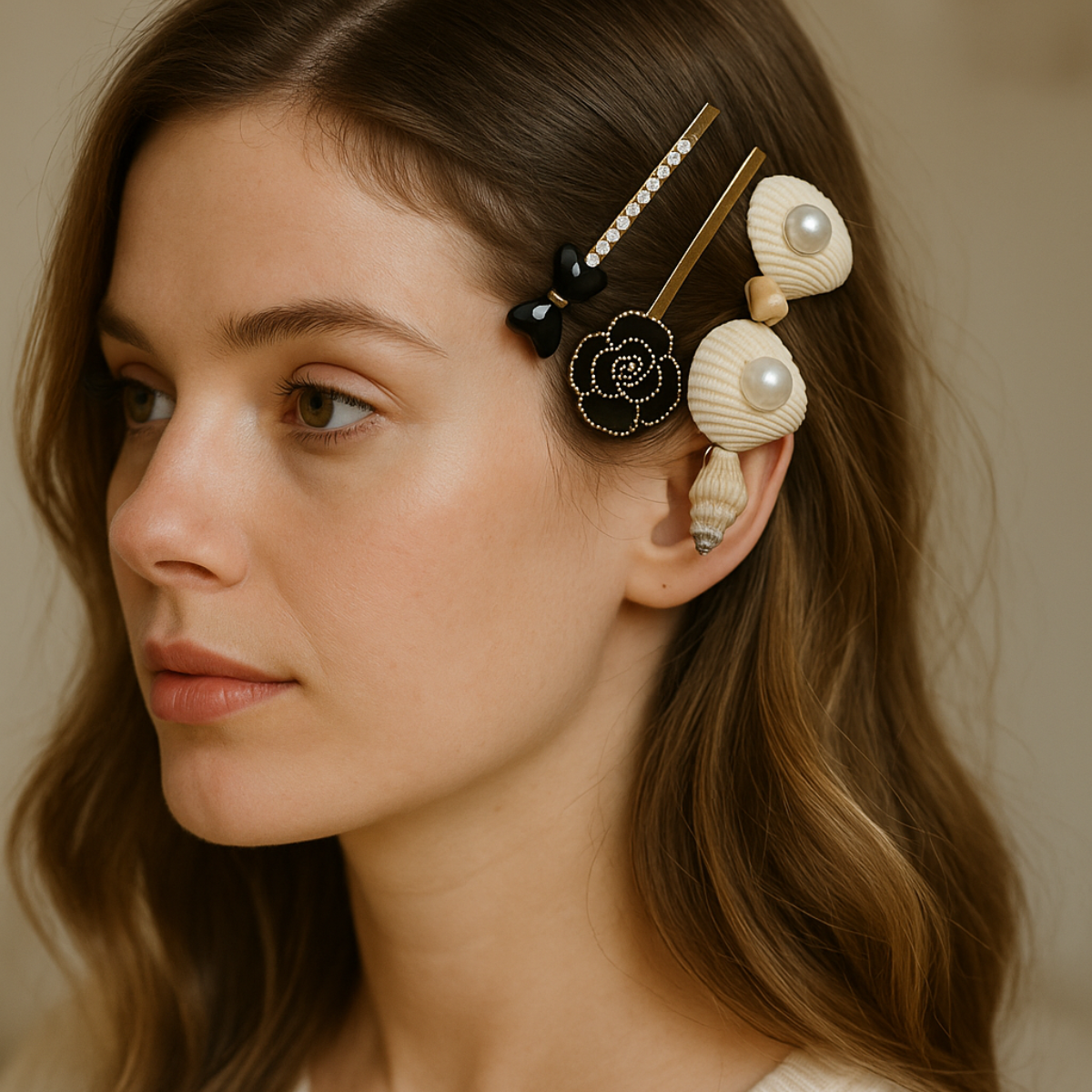 Pack of 3 Shell, Pearl & Crystal Embellished Hair Premium Designer Hair Clips for Women & Girls