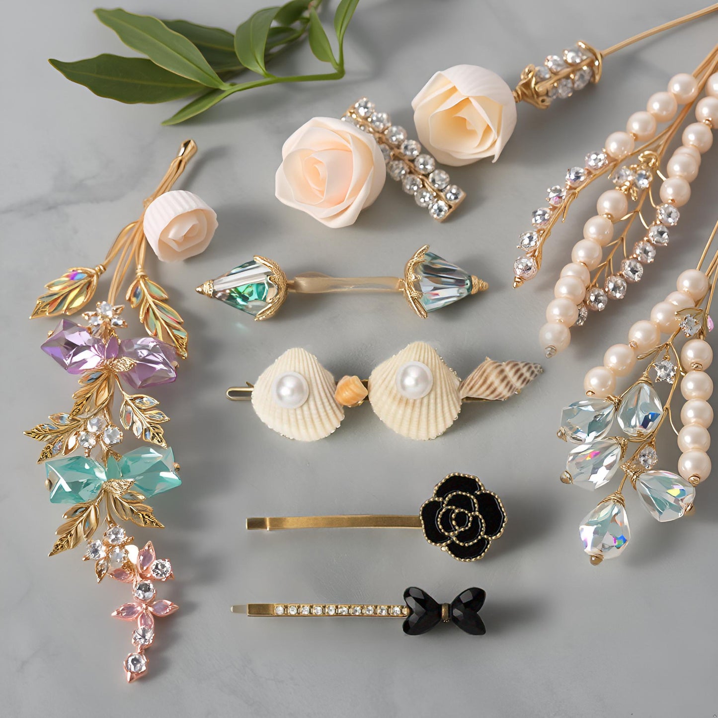 Pack of 3 Shell, Pearl & Crystal Embellished Hair Premium Designer Hair Clips for Women & Girls