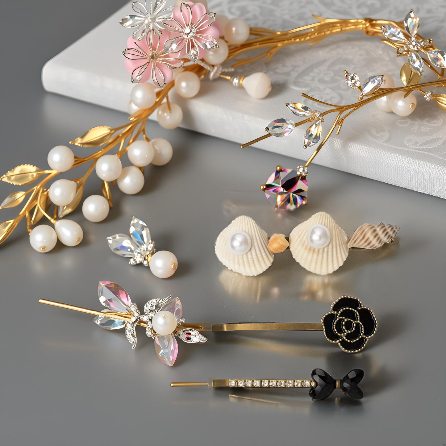 Pack of 3 Shell, Pearl & Crystal Embellished Hair Premium Designer Hair Clips for Women & Girls