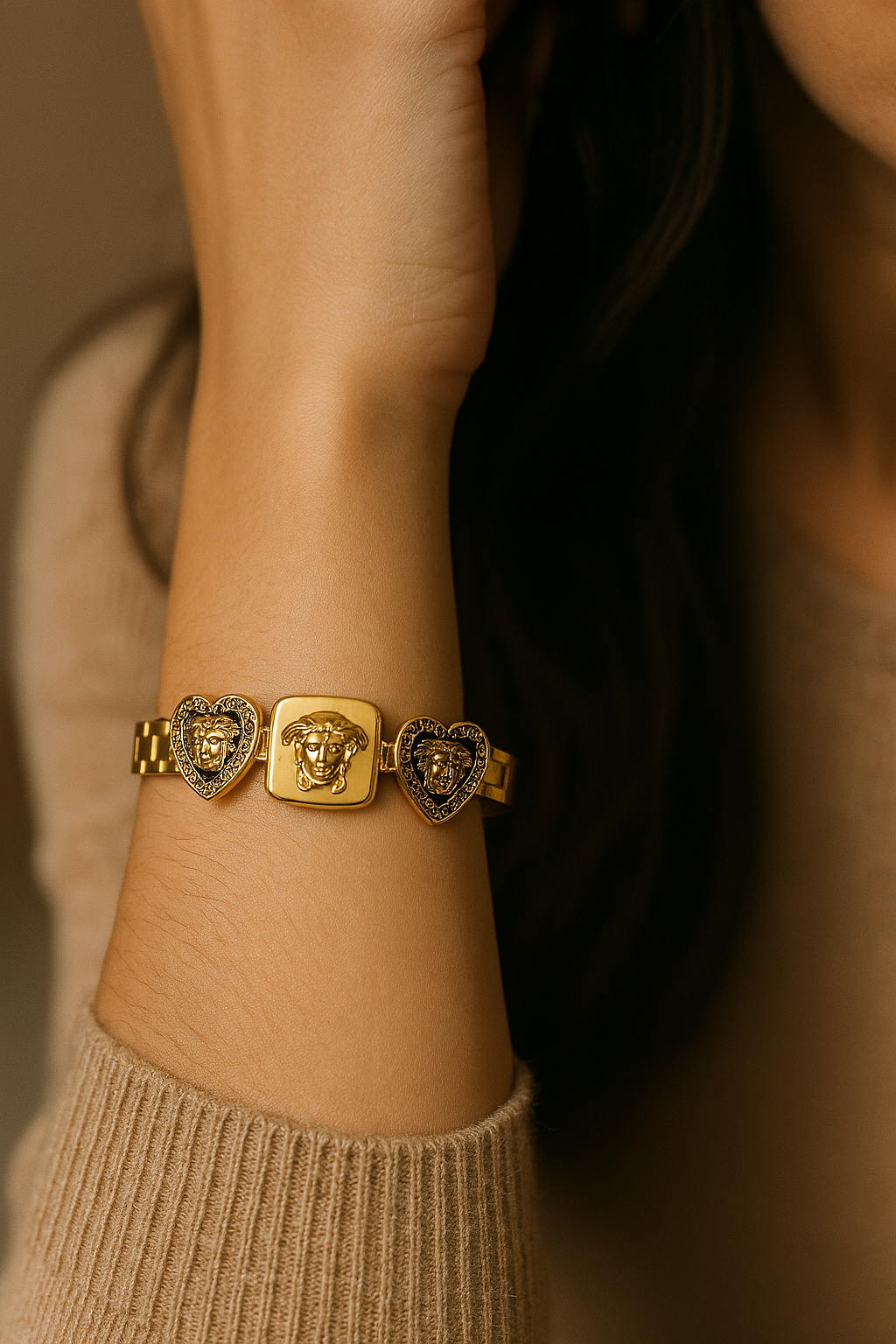 Premium Greek Key Pattern Gold Toned Medusa & Lion Designer Bracelet for Women & Girls