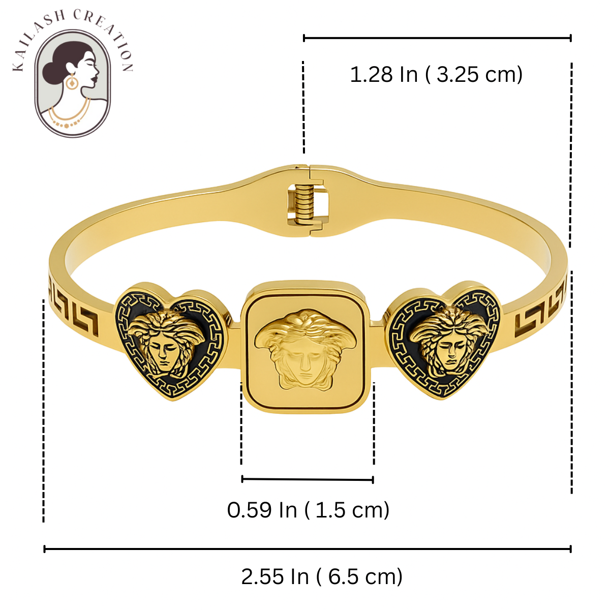 Premium Greek Key Pattern Gold Toned Medusa & Lion Designer Bracelet for Women & Girls