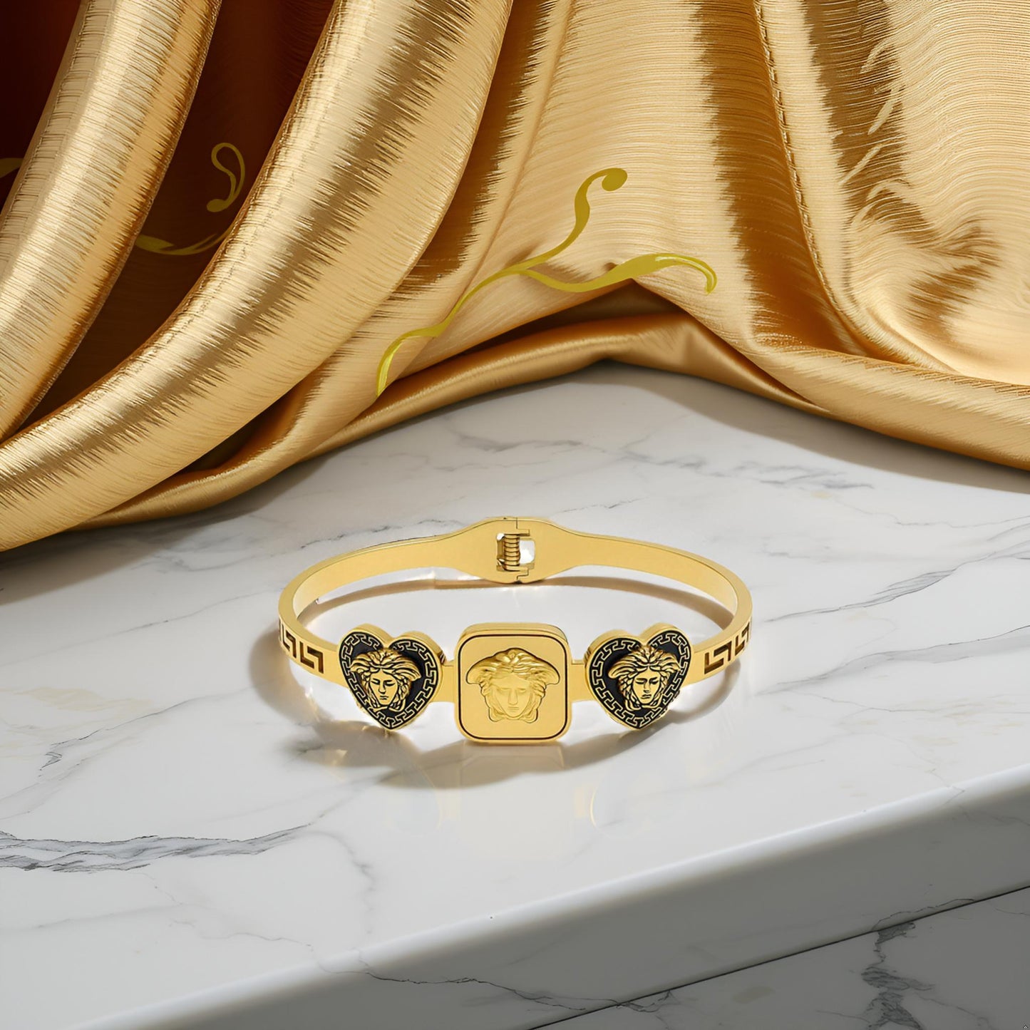 Premium Greek Key Pattern Gold Toned Medusa & Lion Designer Bracelet for Women & Girls