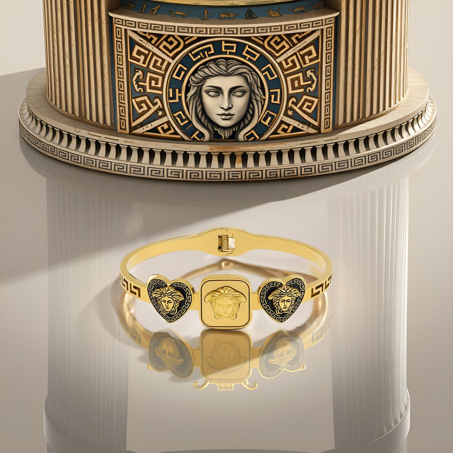 Premium Greek Key Pattern Gold Toned Medusa & Lion Designer Bracelet for Women & Girls