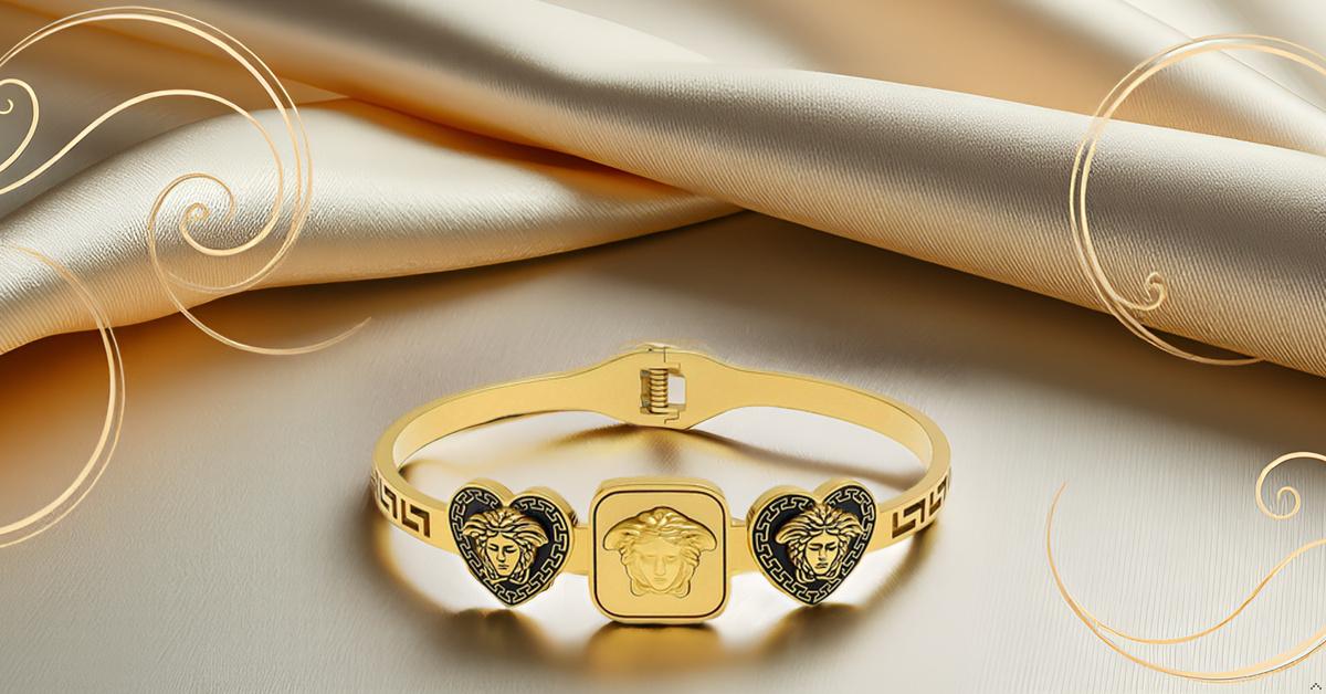 Premium Greek Key Pattern Gold Toned Medusa & Lion Designer Bracelet for Women & Girls