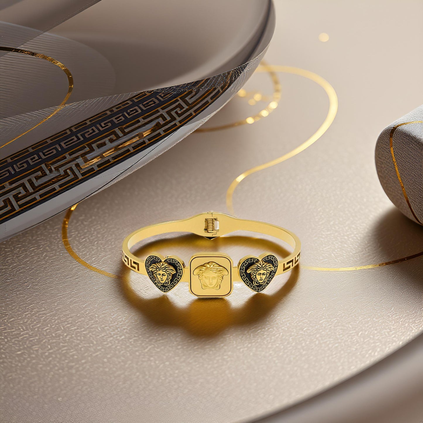 Premium Greek Key Pattern Gold Toned Medusa & Lion Designer Bracelet for Women & Girls
