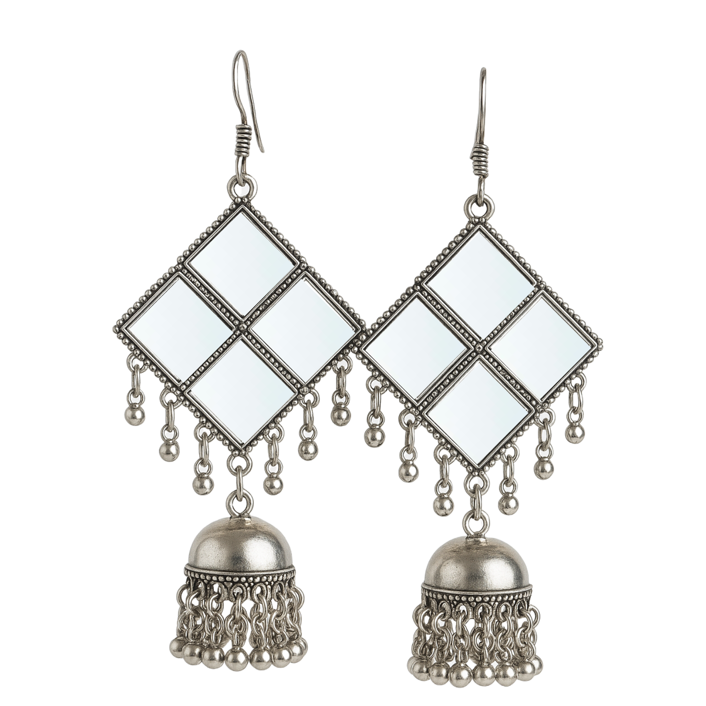 Silver Plated Square Mirror Dangler Earrings with Ghungroo