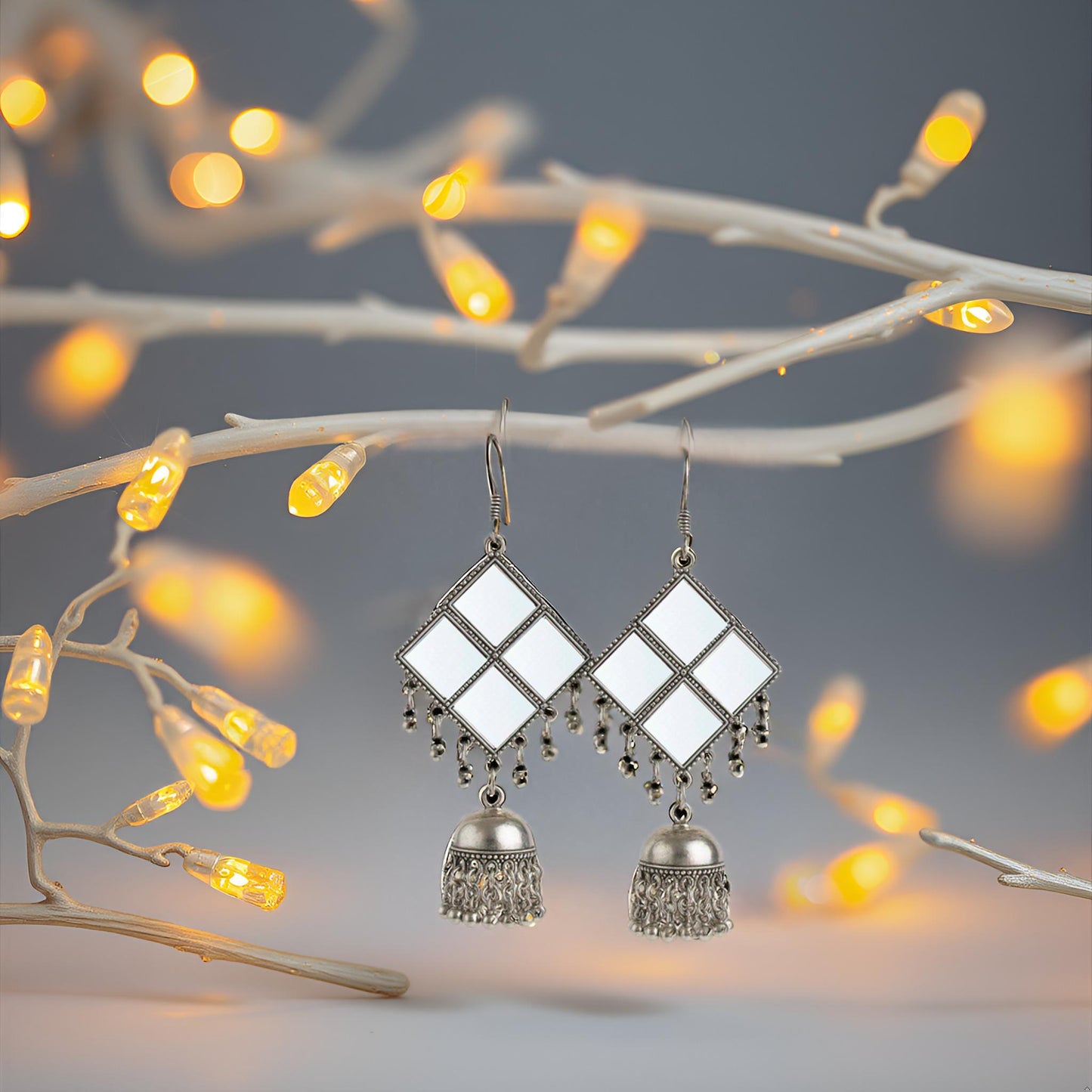 Silver Plated Square Mirror Dangler Earrings with Ghungroo