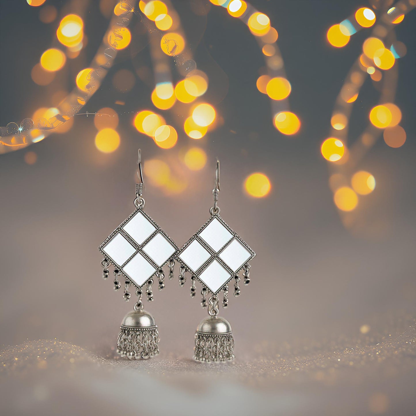 Silver Plated Square Mirror Dangler Earrings with Ghungroo