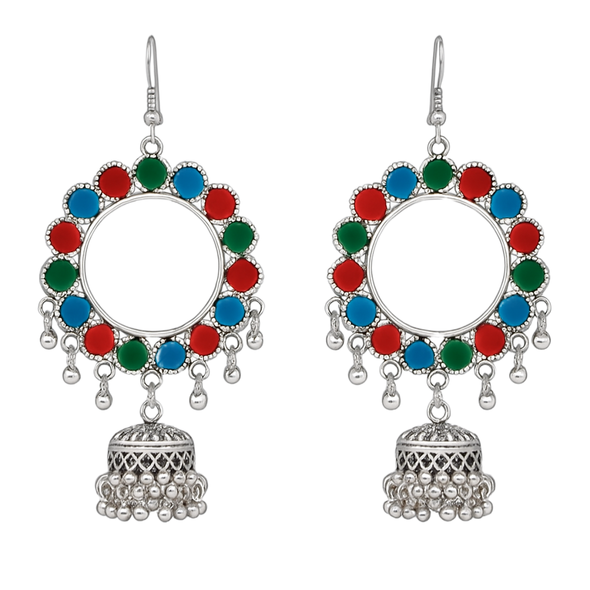 Oxidized Silver Multicolor Hoop Jhumka Earrings for Girls & Women