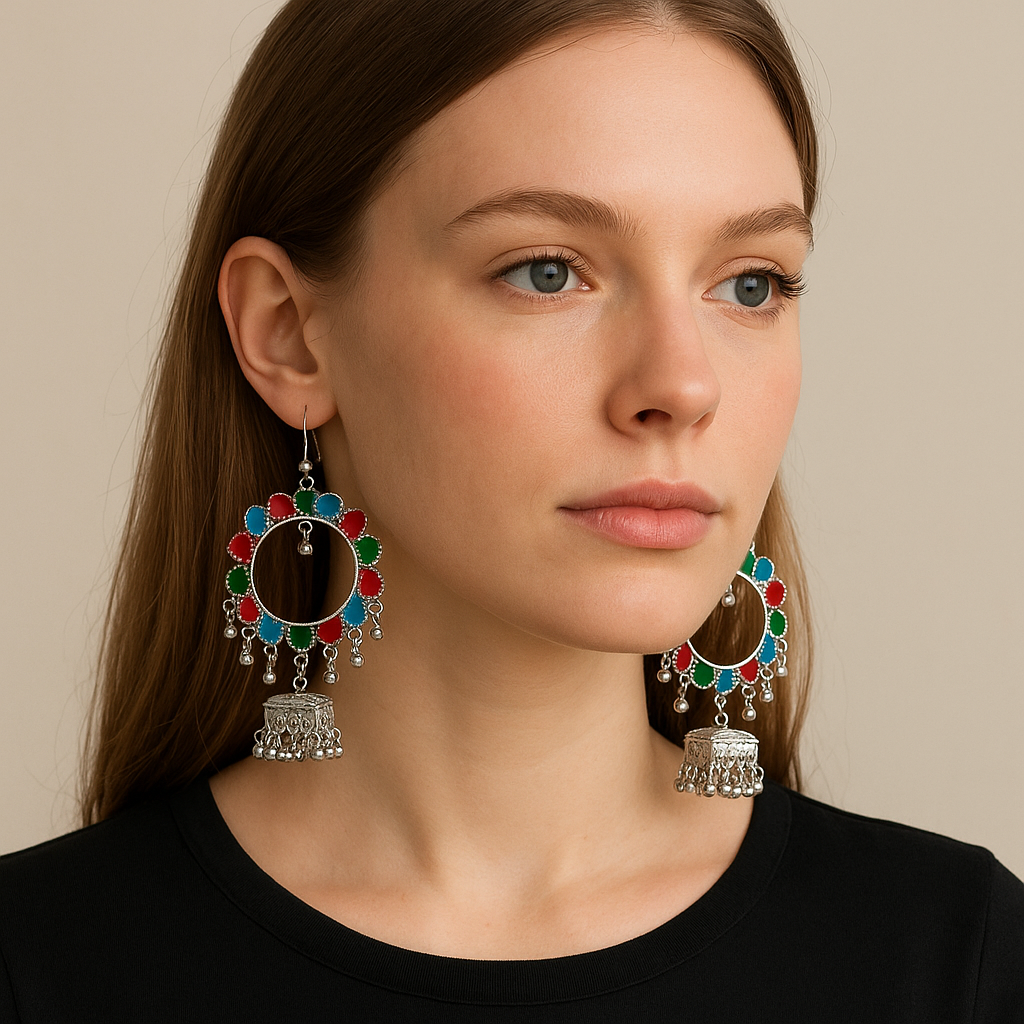 Oxidized Silver Multicolor Hoop Jhumka Earrings for Girls & Women