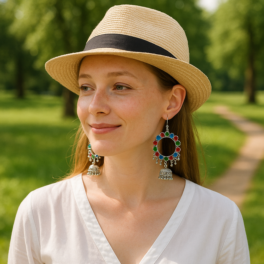 Oxidized Silver Multicolor Hoop Jhumka Earrings for Girls & Women