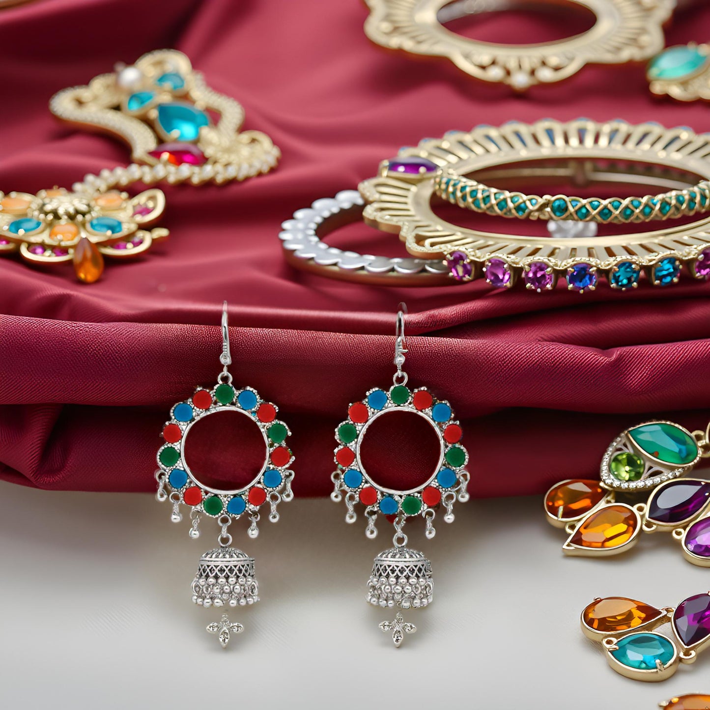 Oxidized Silver Multicolor Hoop Jhumka Earrings for Girls & Women
