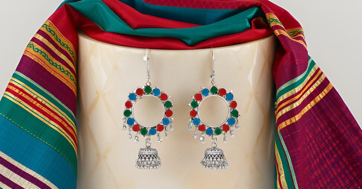 Oxidized Silver Multicolor Hoop Jhumka Earrings for Girls & Women