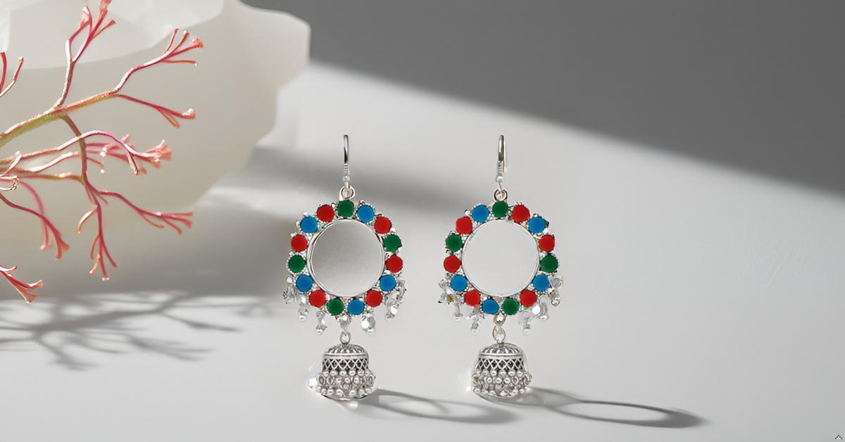 Oxidized Silver Multicolor Hoop Jhumka Earrings for Girls & Women