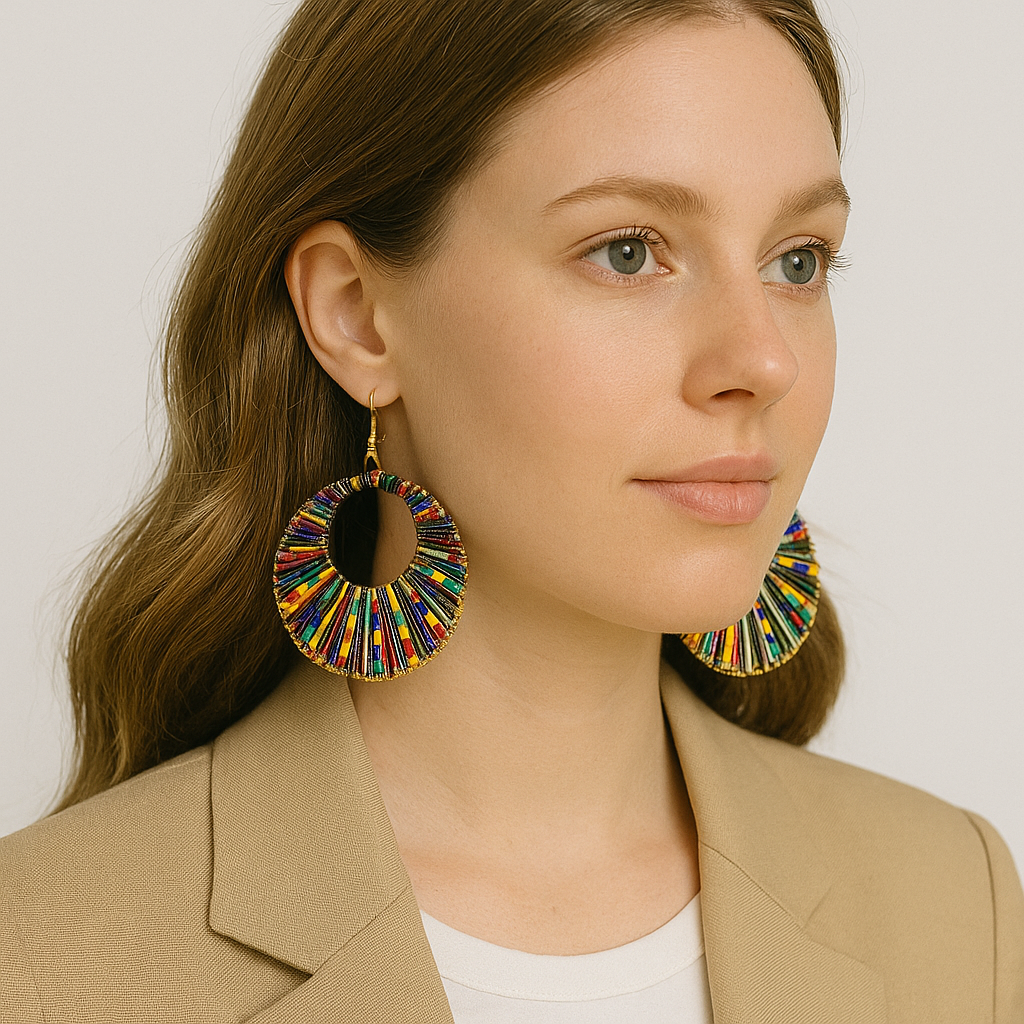 Multicolor Circular Woven Boho Hoop Earrings for Girls & Women