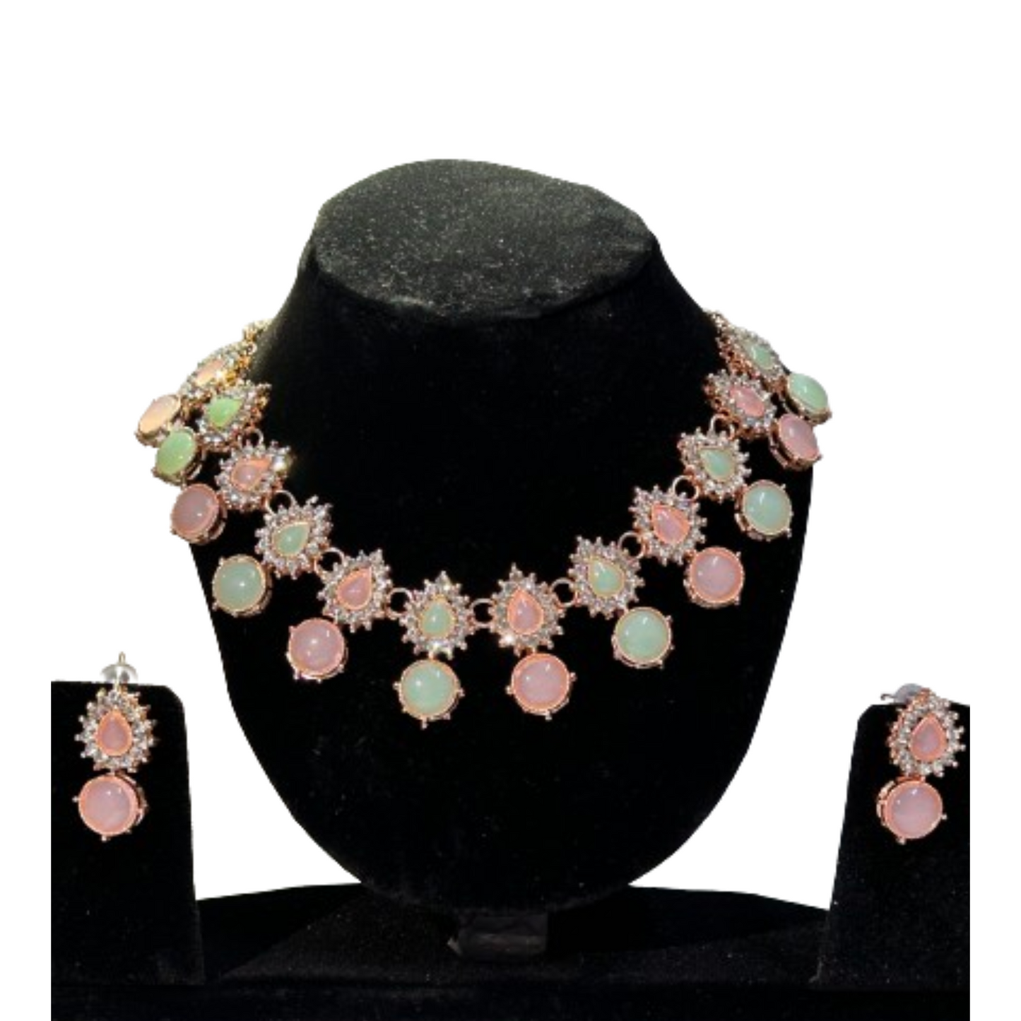 Rose Gold Tone Oval Pastel Stone Necklace & Earring Set for Women & Girls