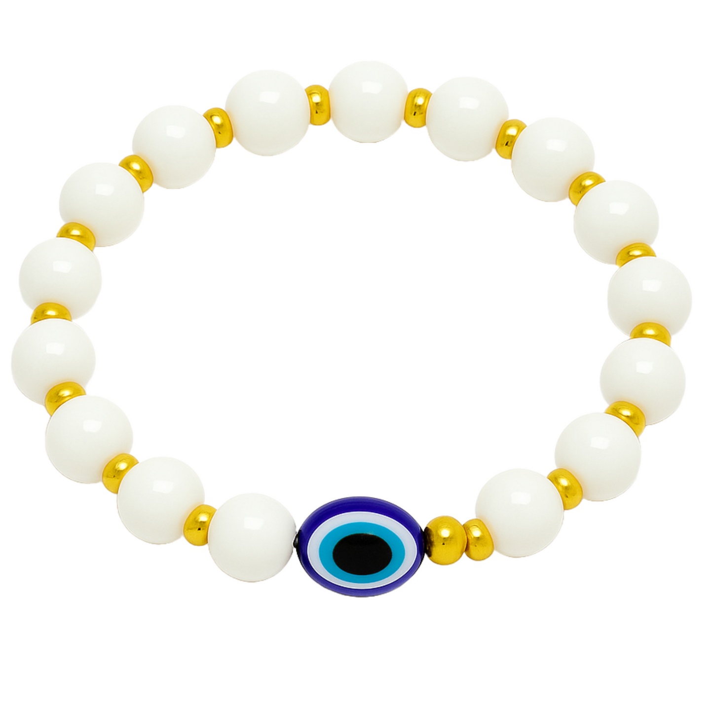 Evil Eye Bracelet for Women, Men, Baby, Kids – White & Gold Beads with Blue Charm