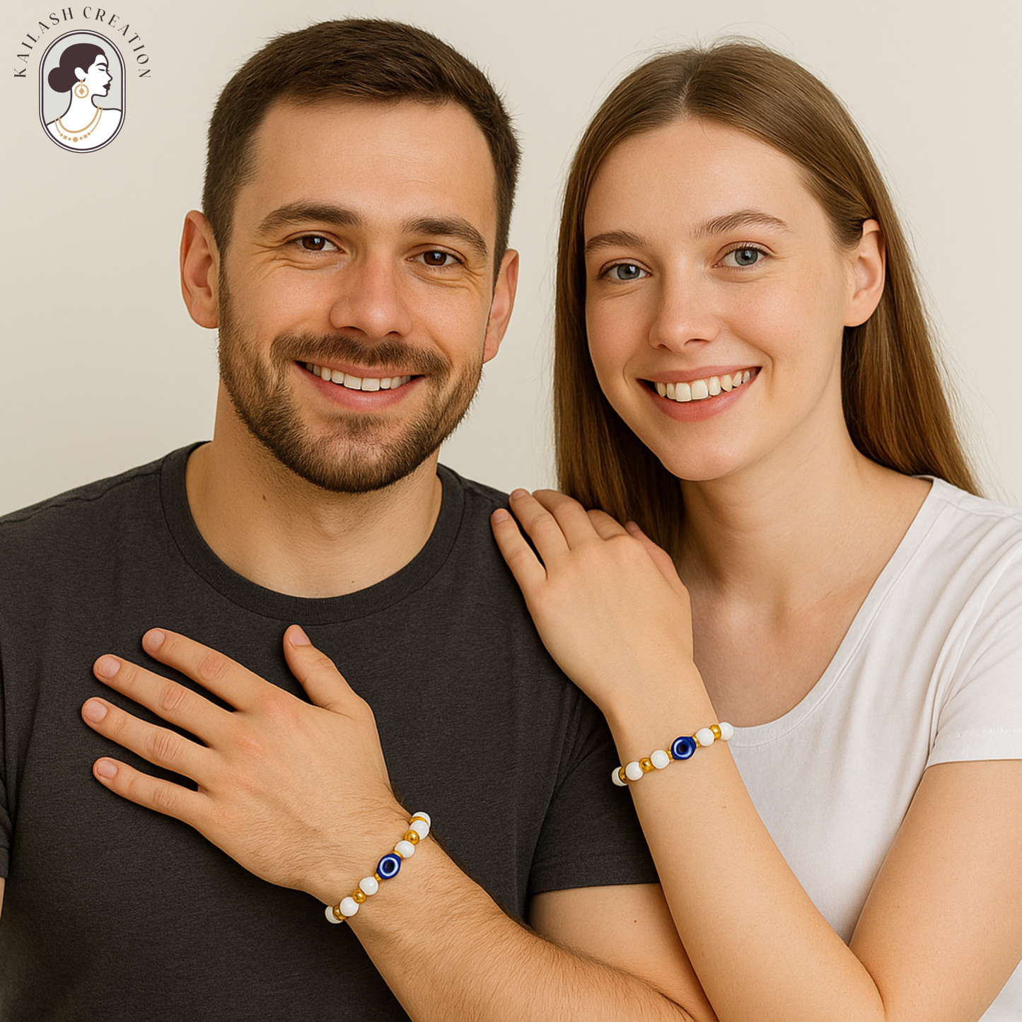 Evil Eye Bracelet for Women, Men, Baby, Kids – White & Gold Beads with Blue Charm