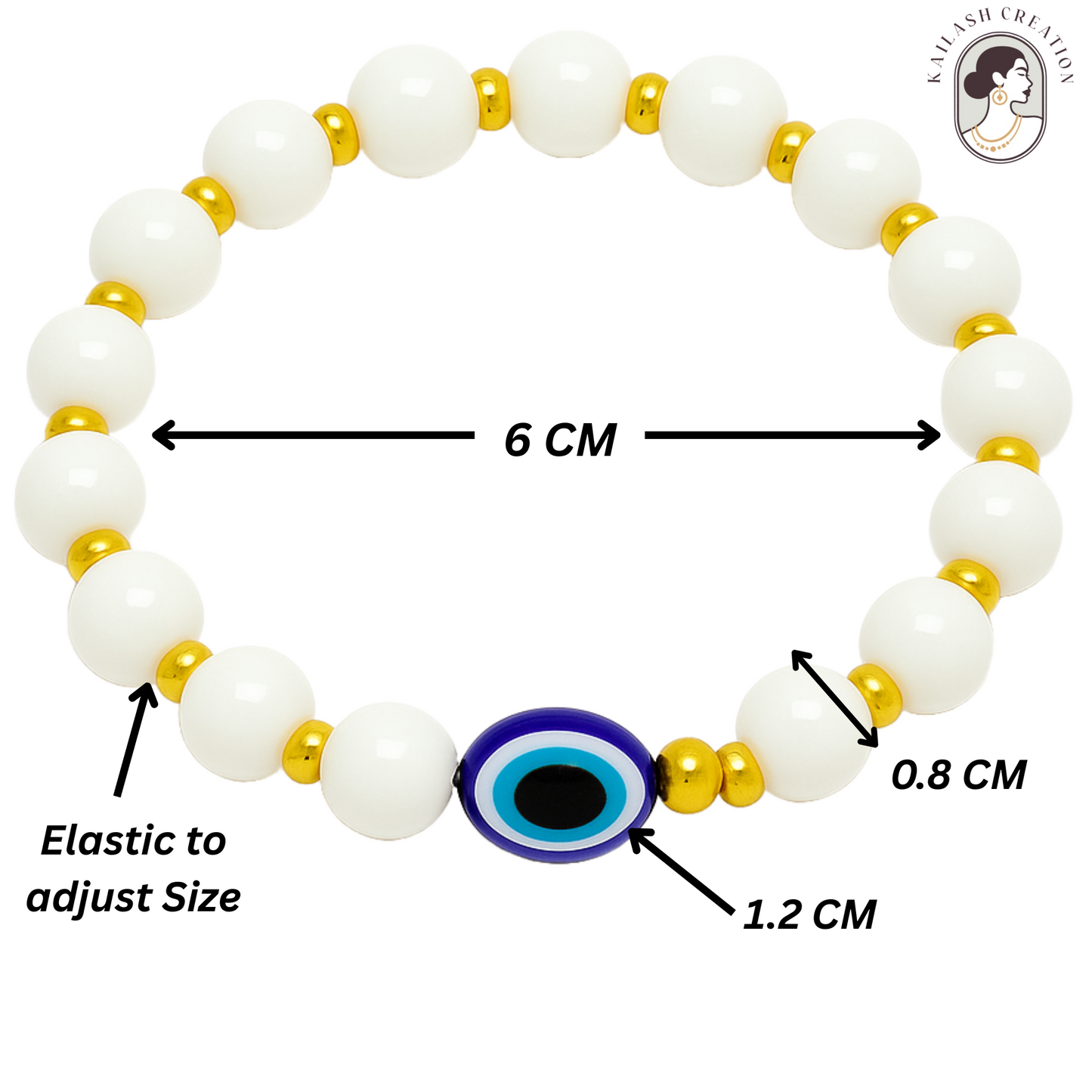 Evil Eye Bracelet for Women, Men, Baby, Kids – White & Gold Beads with Blue Charm