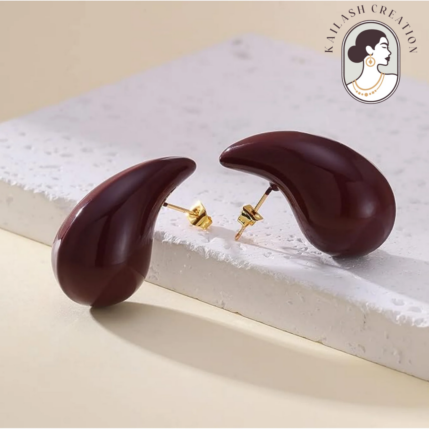 Maroon Chunky Gold Teardrop Earrings for Women
