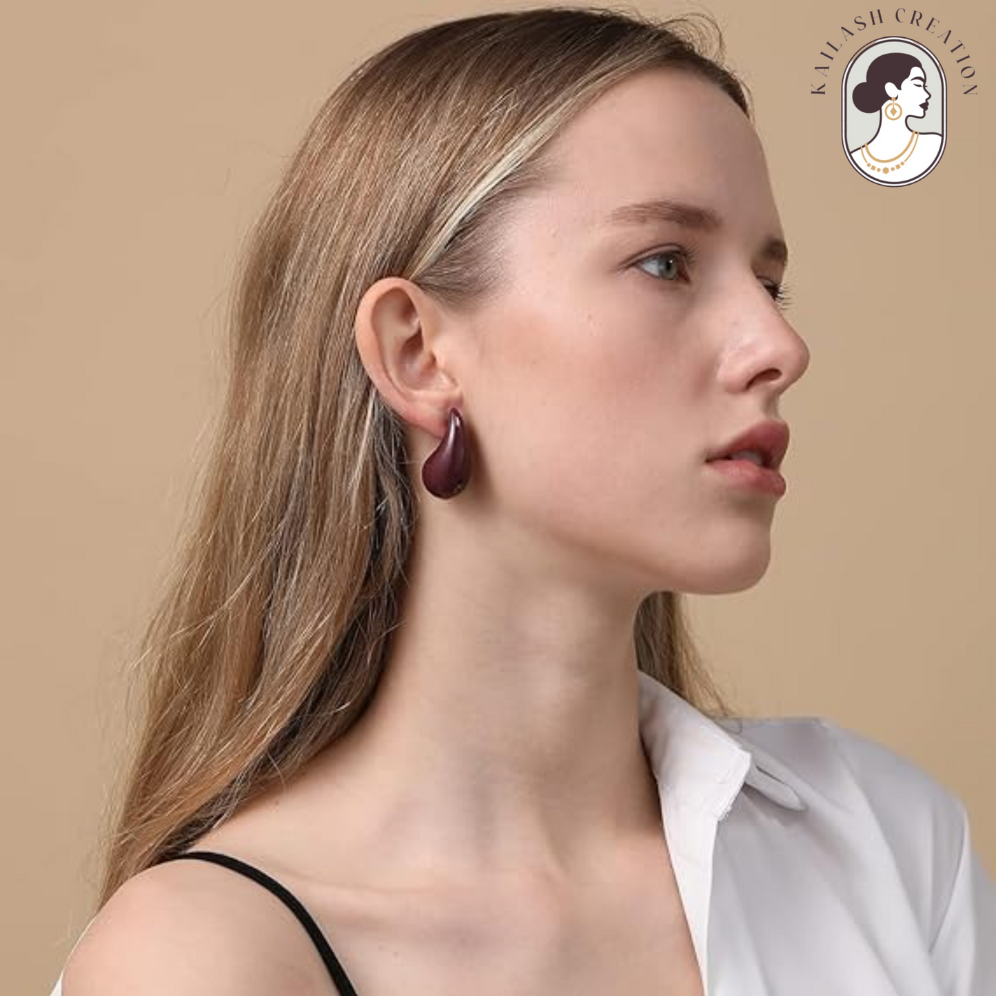 Maroon Chunky Gold Teardrop Earrings for Women