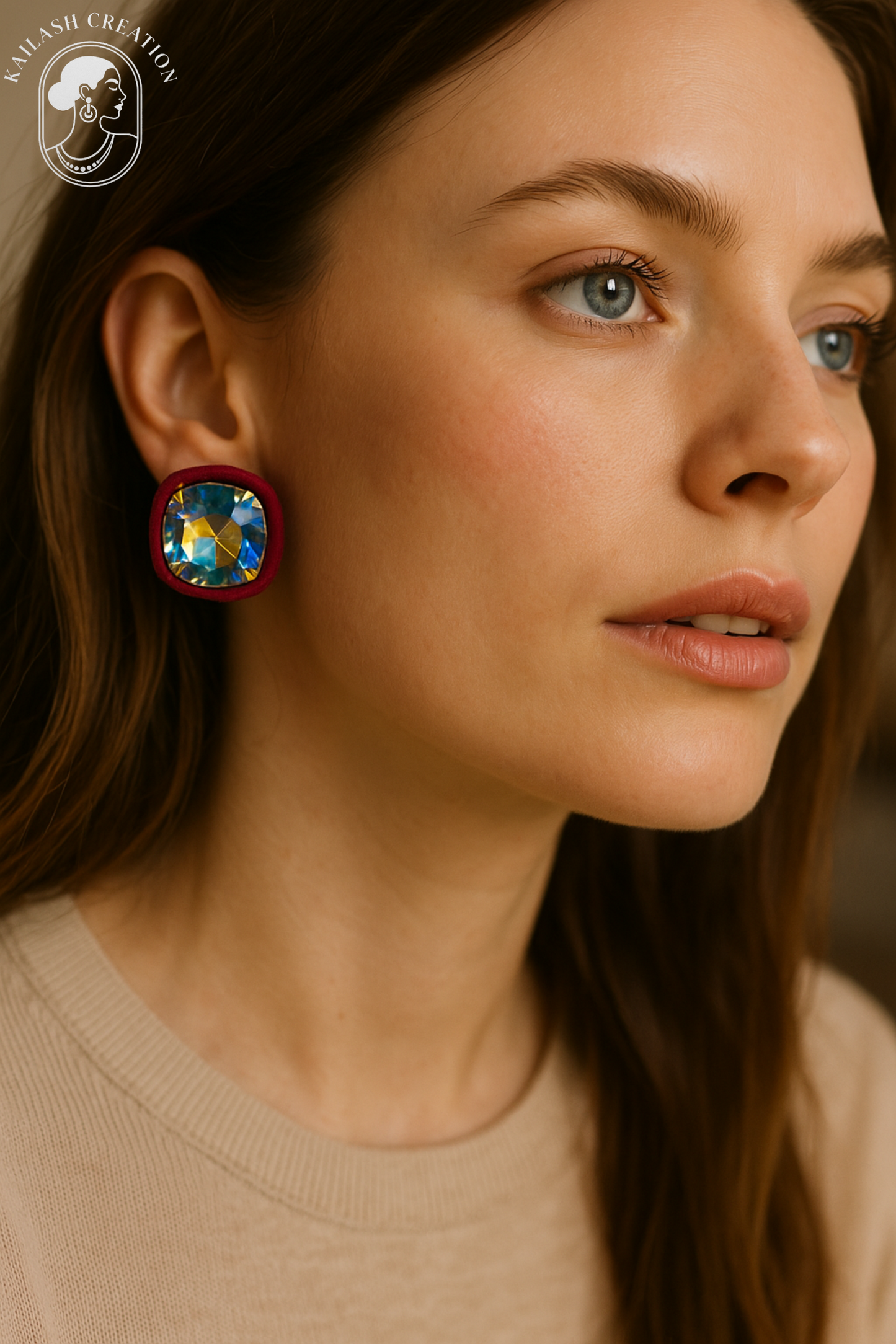 Velvet Bordered Crystal Stone Square Stud Earrings