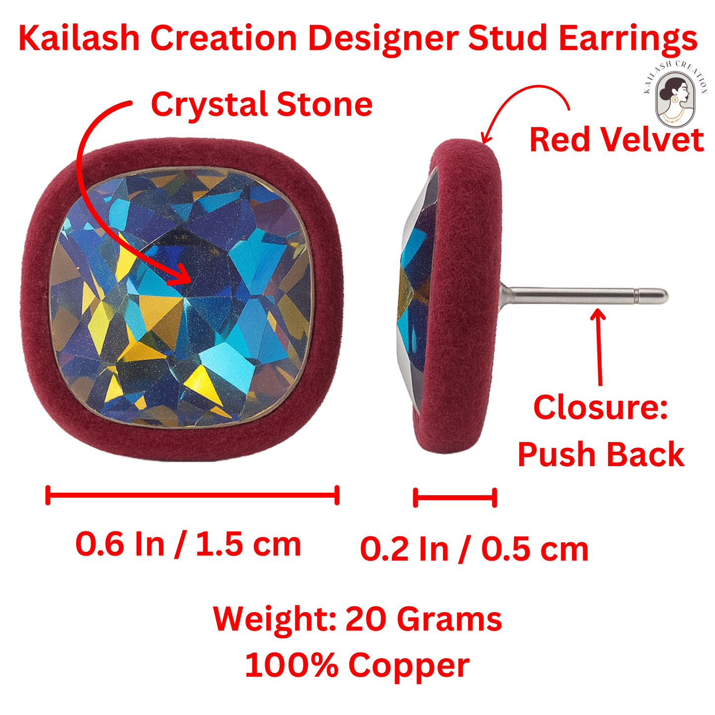 Velvet Bordered Crystal Stone Square Stud Earrings