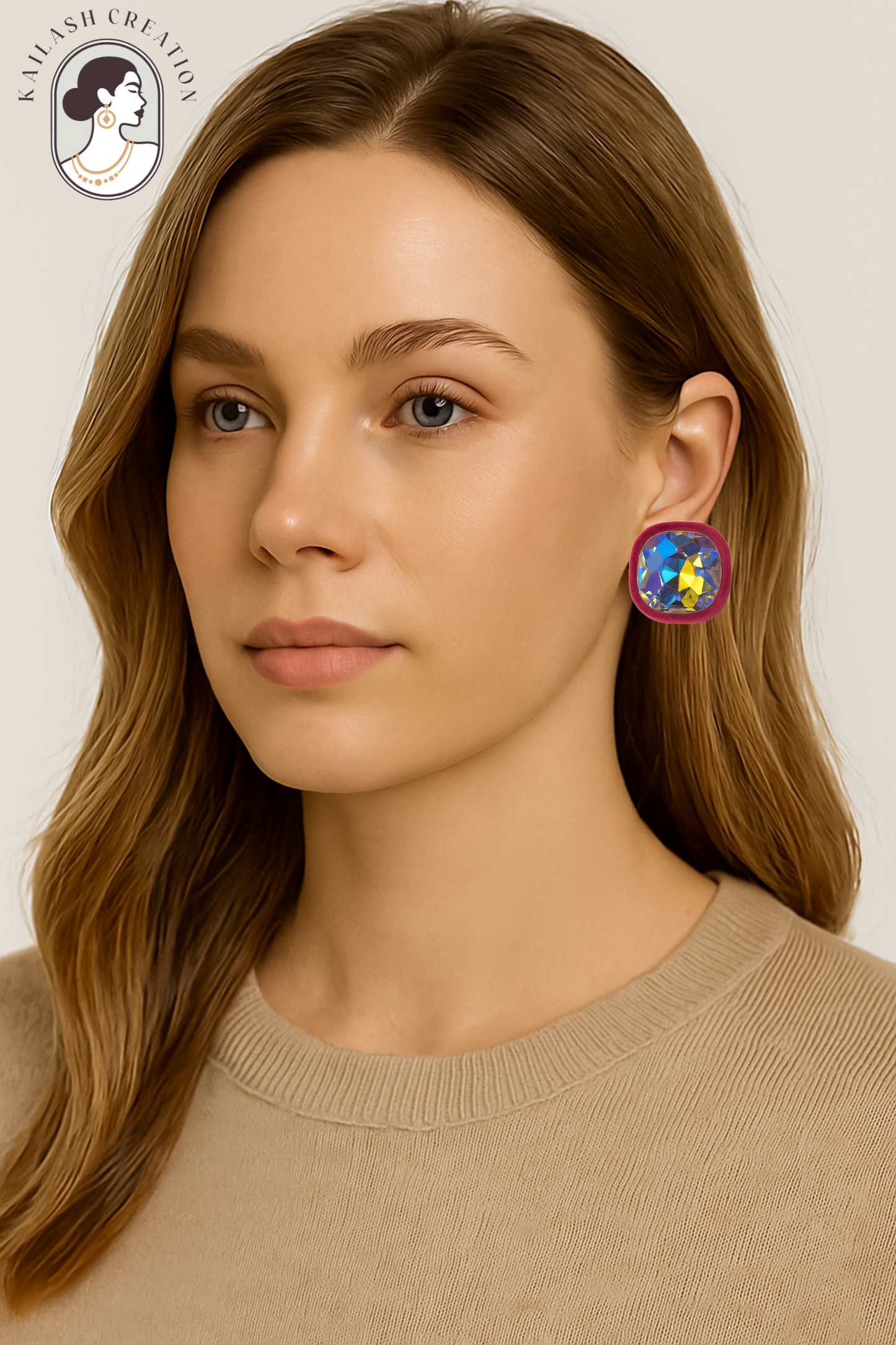 Velvet Bordered Crystal Stone Square Stud Earrings