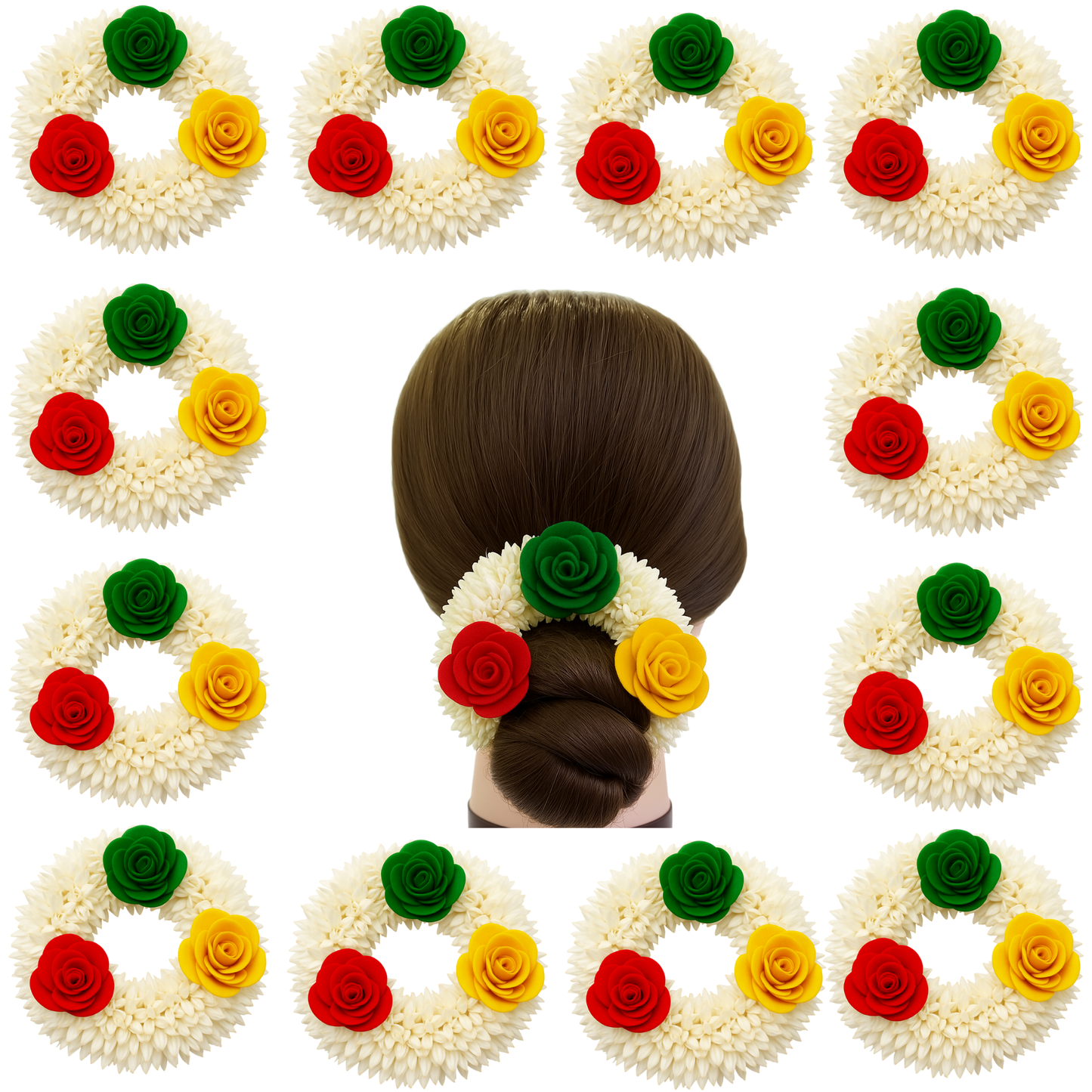 Artificial Mogra Gajra for Hair Bun with Red Yellow Green Flowers