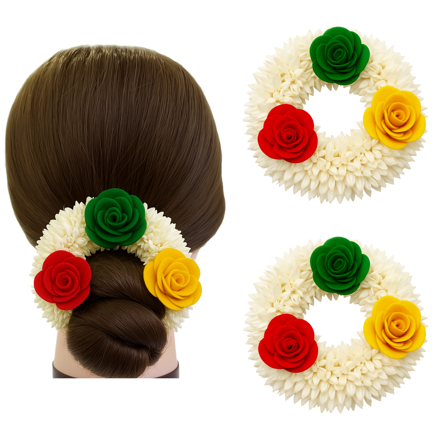 Artificial Mogra Gajra for Hair Bun with Red Yellow Green Flowers