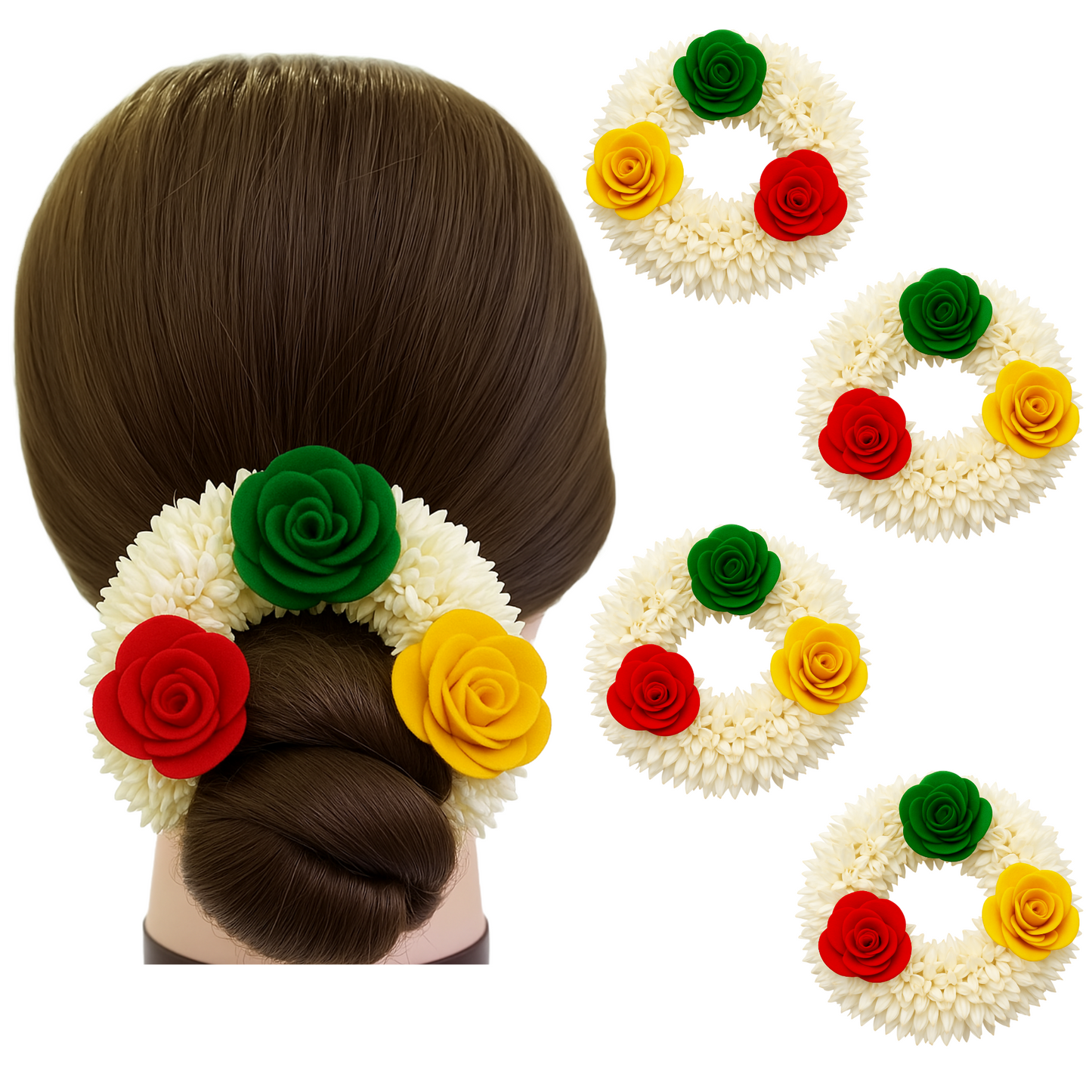 Artificial Mogra Gajra for Hair Bun with Red Yellow Green Flowers
