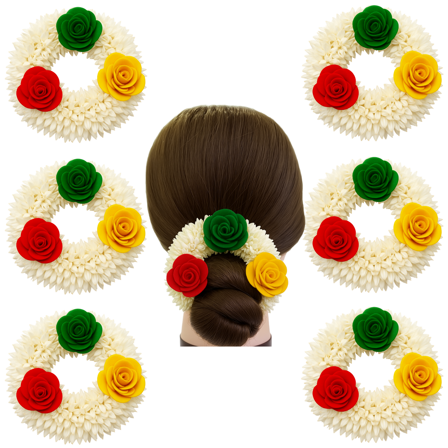 Artificial Mogra Gajra for Hair Bun with Red Yellow Green Flowers