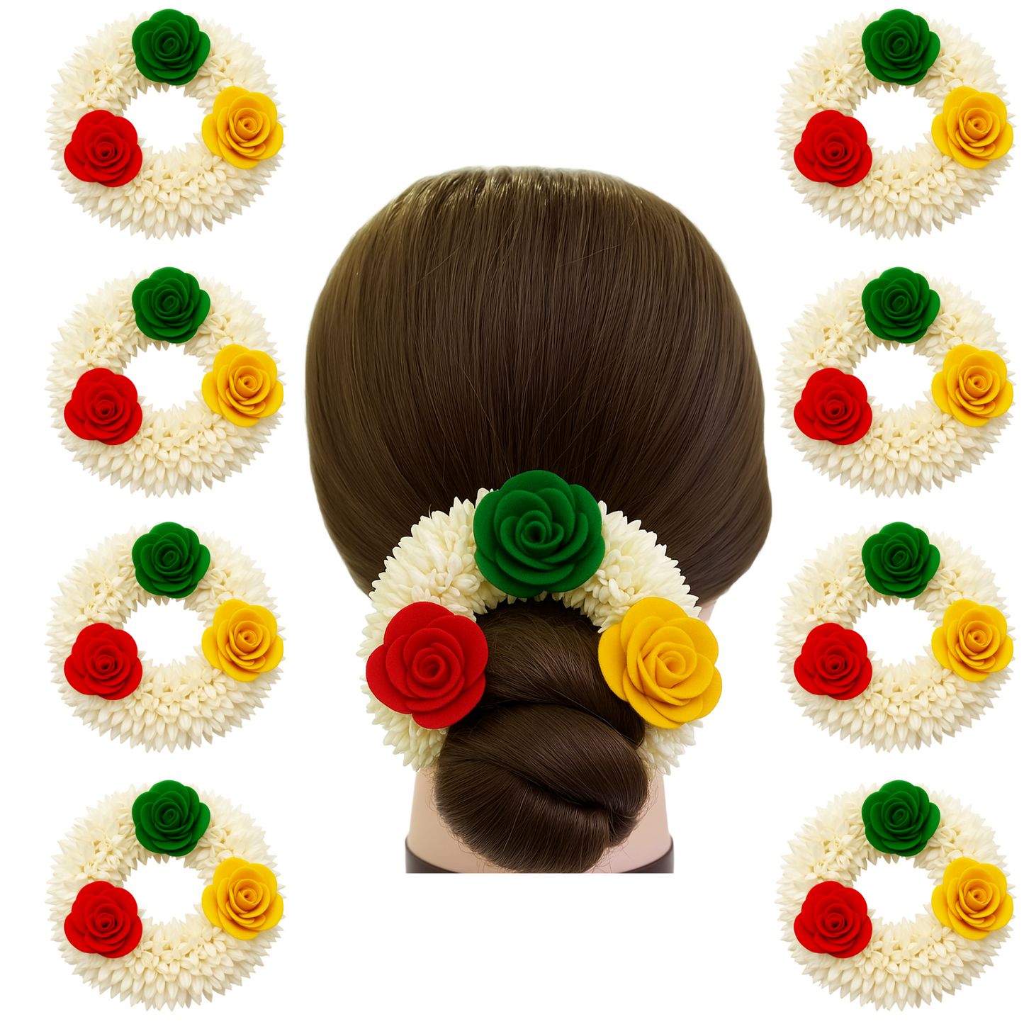 Artificial Mogra Gajra for Hair Bun with Red Yellow Green Flowers