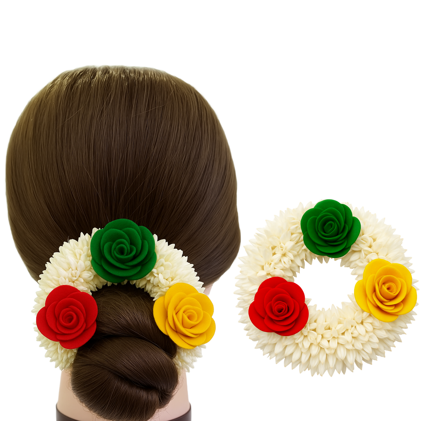 Artificial Mogra Gajra for Hair Bun with Red Yellow Green Flowers